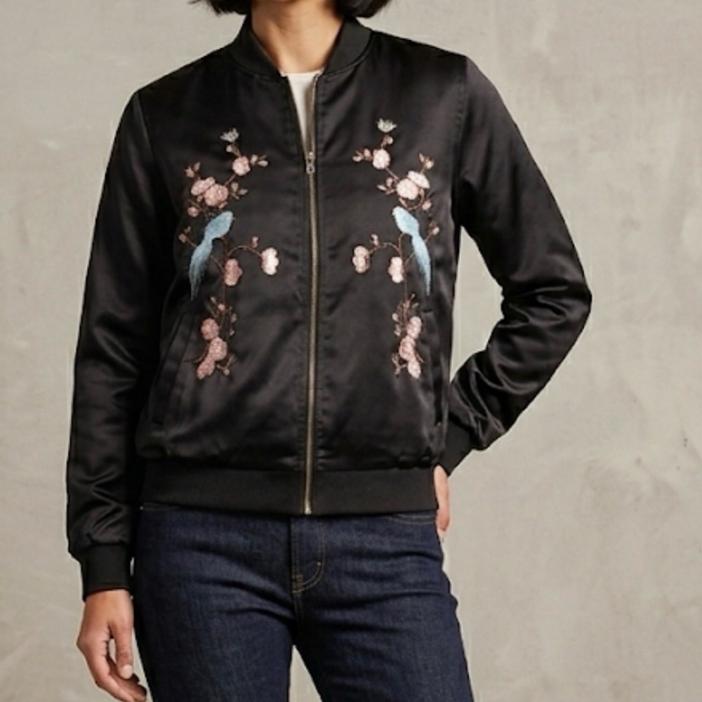 Ci Sono Black Satin Bomber Jacket with Pink Floral & Blue Bird Embroidery